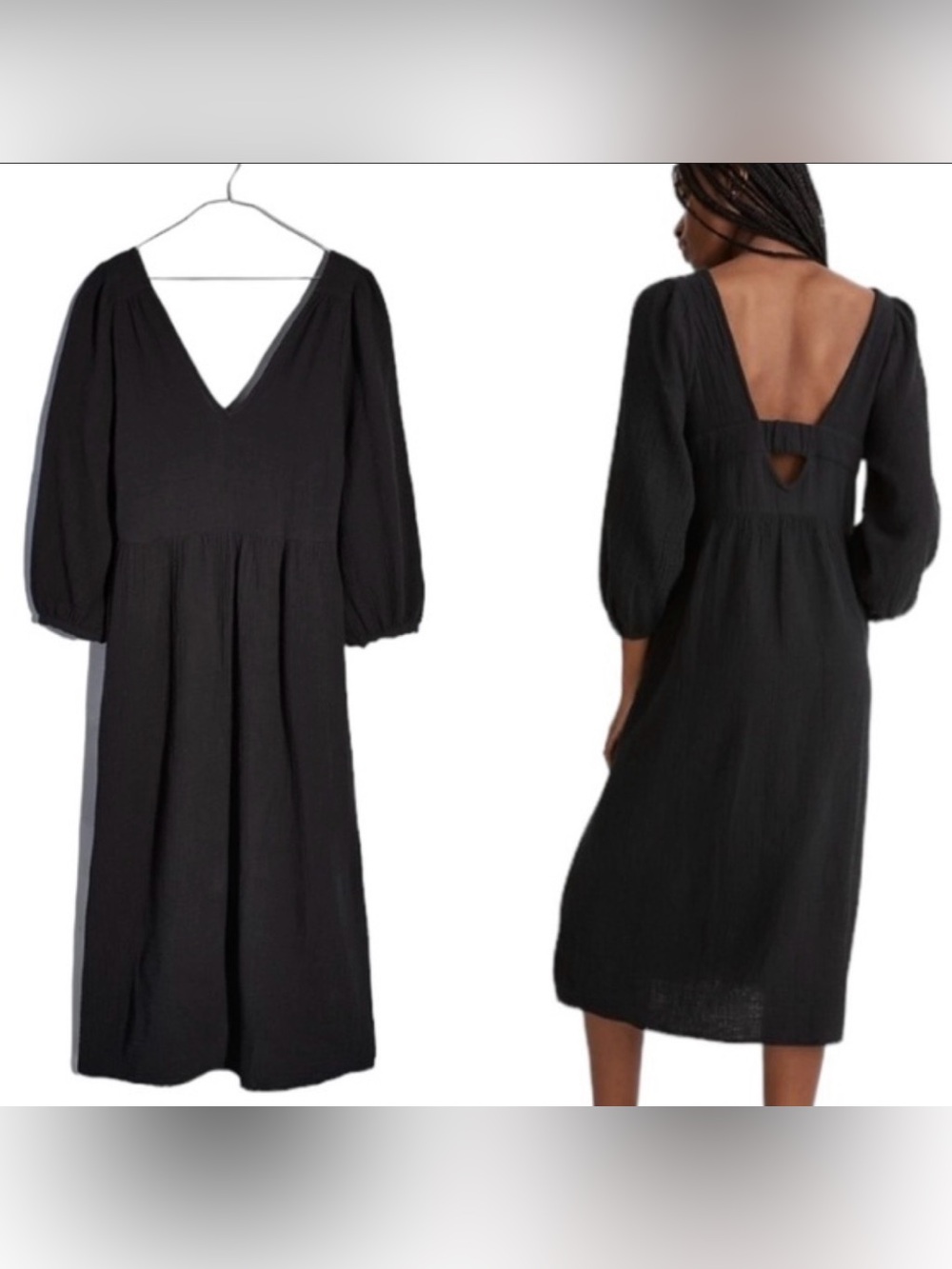 Madewell Black V-Neck Lightspun Midi Dress with Back Detail